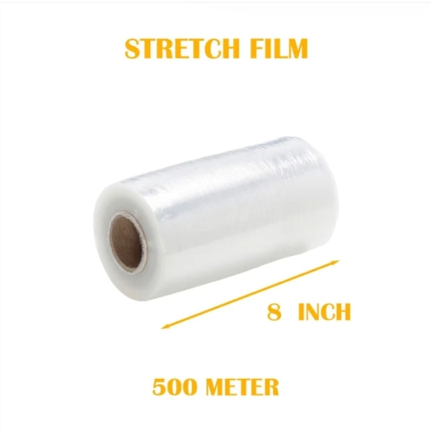 Stretch Film 8 Inch width, 500 Meters Length for Packing and multipurpose use.